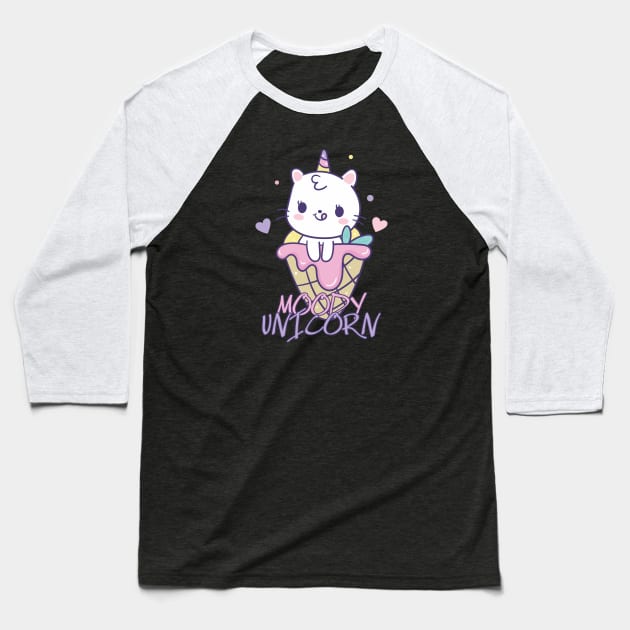 Moody unicorn - Cute little unicorn in an ice cream you and your kids would love! - Available in stickers, clothing, etc Baseball T-Shirt by Crazy Collective